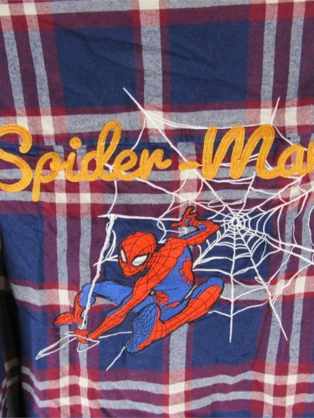 MARVEL Spider-Man Blue Red Plaid Flannel Embroidered Shirt size Small